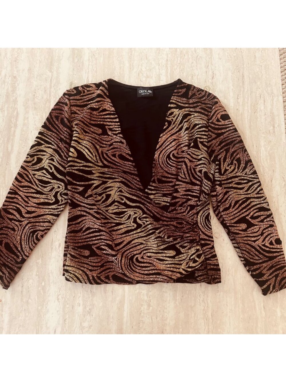 Onyx Nite Metallic Top Black Gold Zebra Animal Art to Wear Fairy Grunge Size M